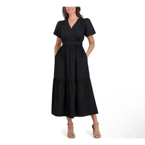French Connection Black Puff Sleeve Midi Dress With V-Neckline & Tiered Skirt Wo - Picture 2 of 14